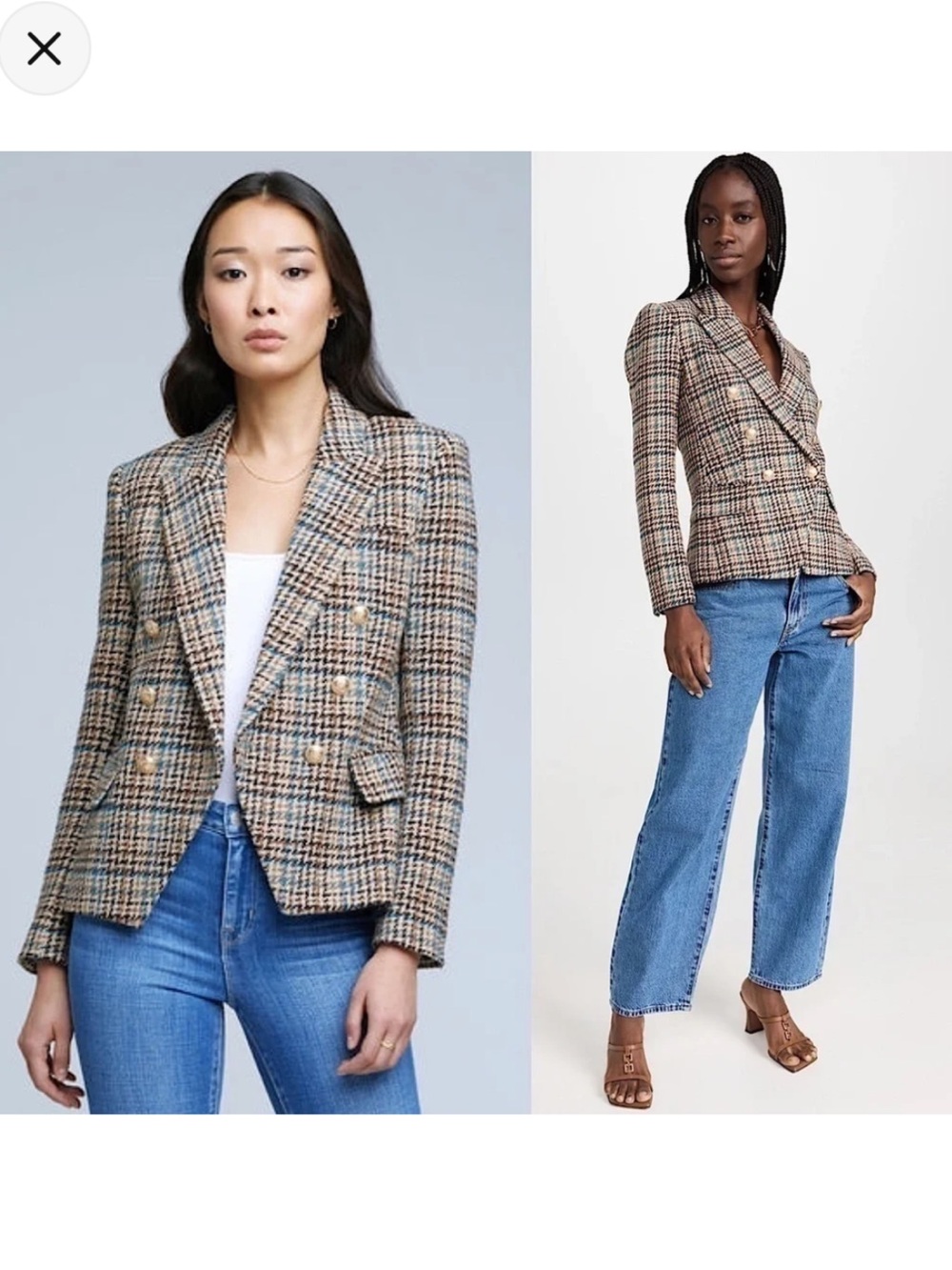 L’Agence Kenzie Double-Breasted Tweed Blazer Tan Teal Multi Twill Plaid